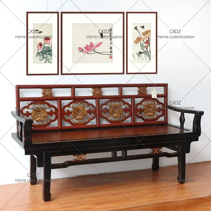 New Chinese Style Solid Wood Sofa Small Apartment Classical Rural Double Backrest Chair Living Room Antique Bed and Breakfast