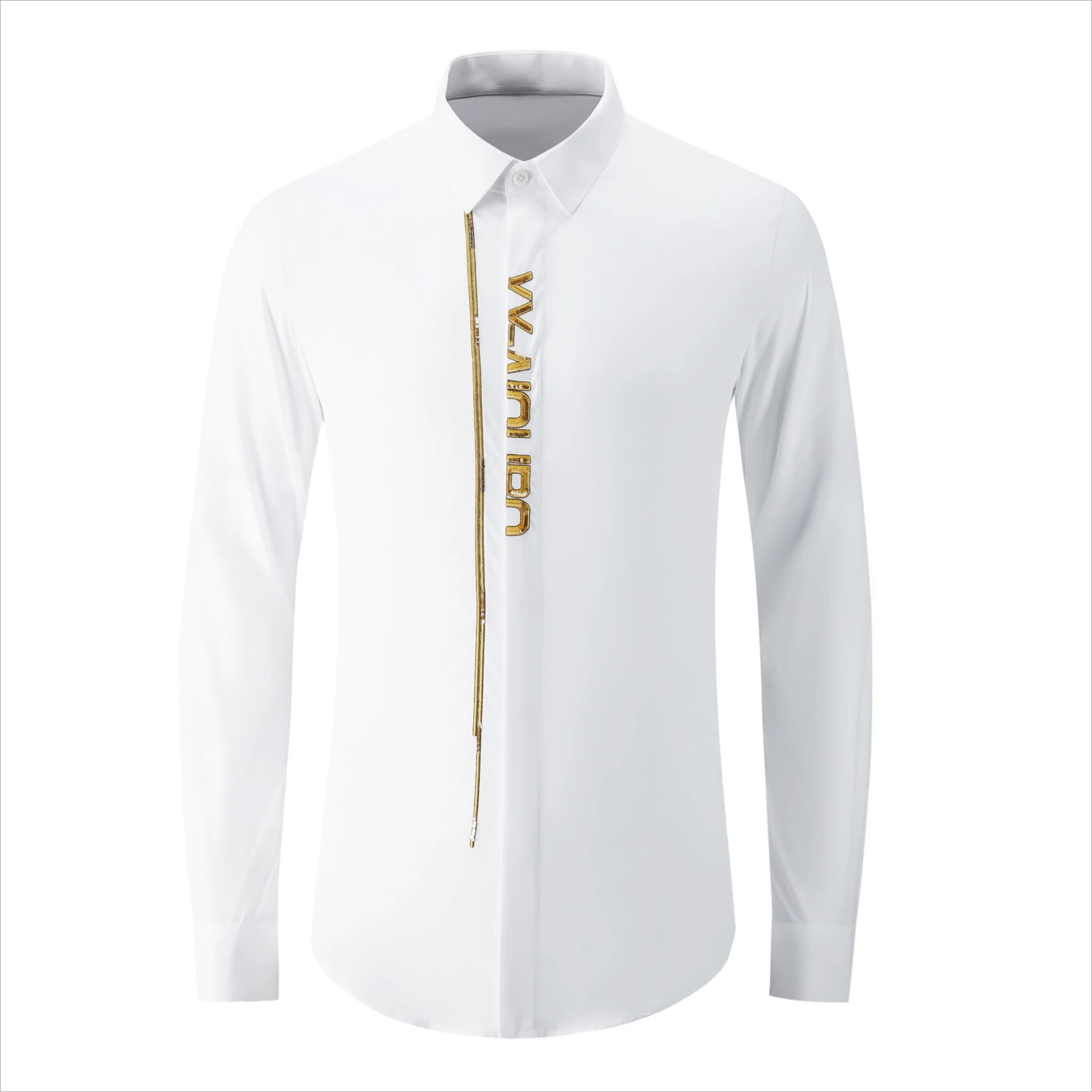 Camicia da uomo con ricamo a lettera con paillettes Camicie eleganti da lavoro casual a maniche lunghe slim Camicia elegante da banchetto per palcoscenici sociali di lusso