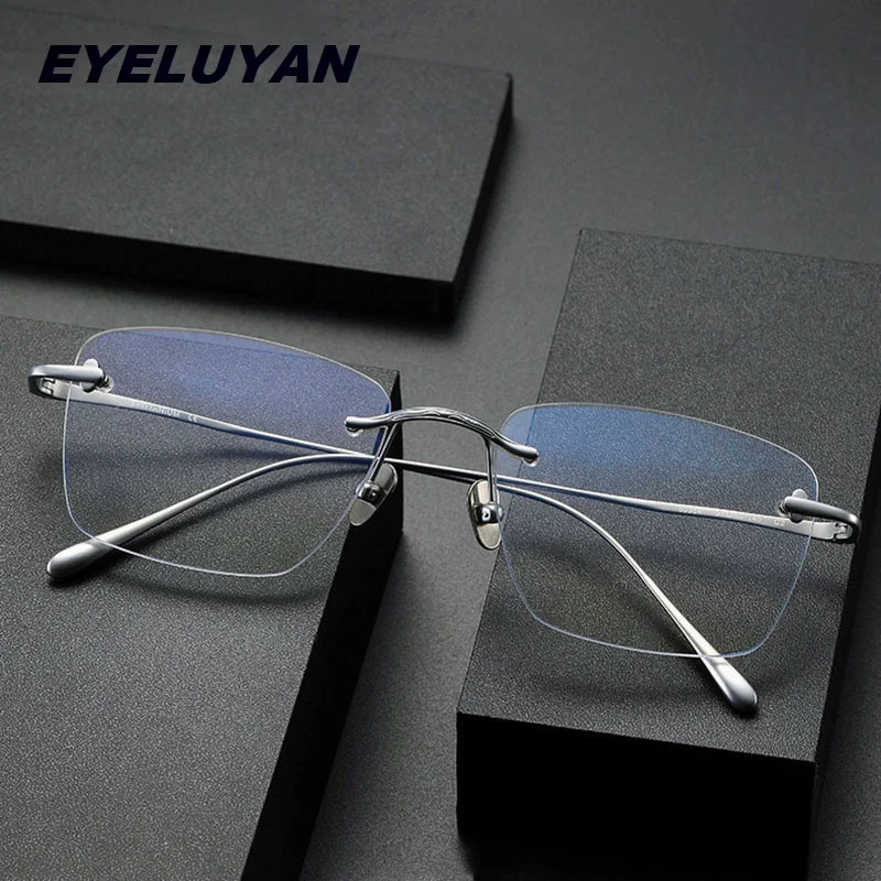 Eyeluyan 146mm Wide Face Eyewear High-quality Pure Titanium Rimless Glasses Men Square Prescription Eyeglasses Frames 80954