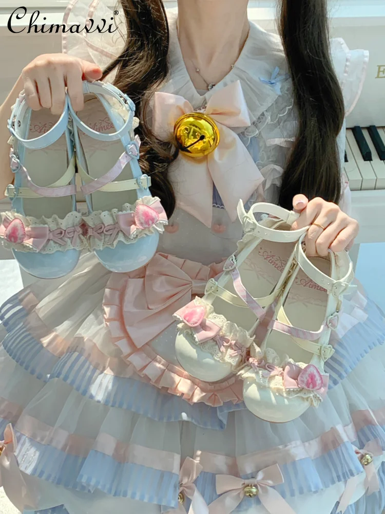 

Original Sweet Lolita Mary Jane Shoes for Women 2025 New Cute Girl Bow Lace Temperament Low Heel Pumps Princess Shoes