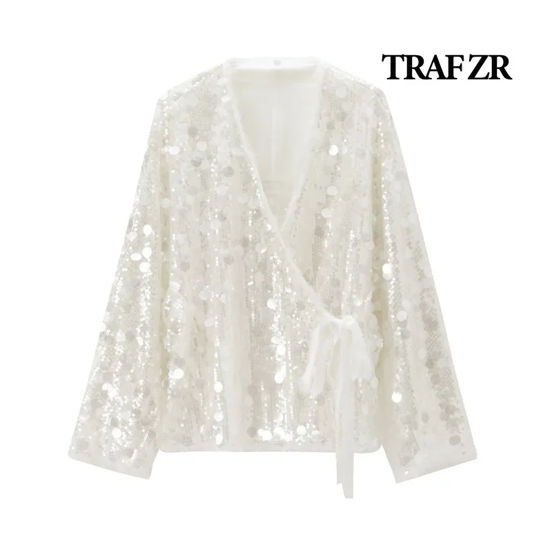 TRAF ZR V-Neck jackets Women Summer 2024 Sequins loose jackets Solid Coats Elegant Luxury Women\'s Coat Fairycore Beige Jacket