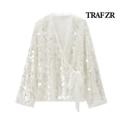 TRAF ZR V-Neck jackets Women Summer 2024 Sequins loose jackets Solid Coats Elegant Luxury Women's Coat Fairycore Beige Jacket