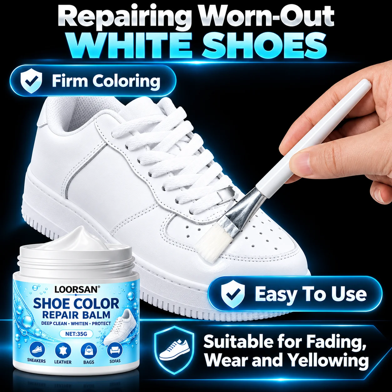 LOORSAN White Shoe Color Repair Balm Sneaker Recoloring Cream 35G Leather Shoe Restoration Paste Scratch Repair Kit With Brush