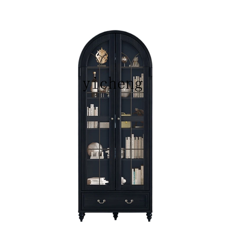 

ZK Arch Bookcase Solid Wood Vintage Black Double Door Storage Storage Display Cabinet with Glass Door