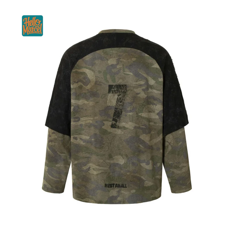 HELLOMARCEL EU US Size Luxury Quality Casual T-Shirt High Street Autumn Oversize Punk Camouflage Long Sleeve T-Shirt For Men