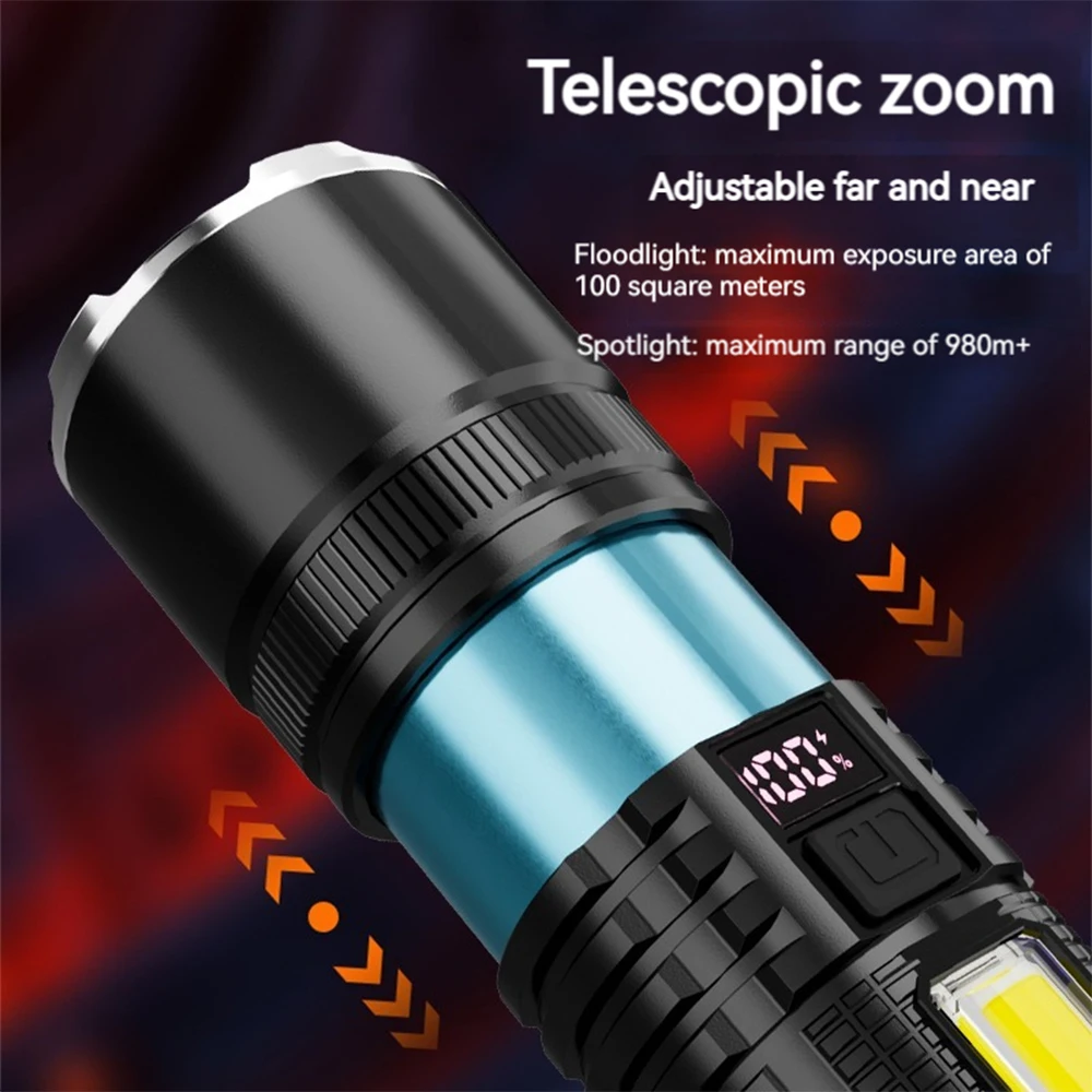 Portable Torch 40W COB Strong Light LED Flashlight USB Rechargeable Bright Household Lamp Built In Battery With Power Display