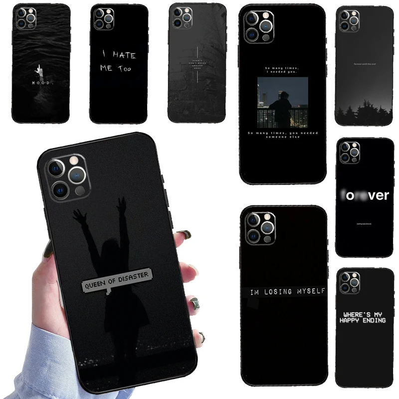 Sad depression Black Word Aesthetic Phone Case For iPhone 14 11 12 13 Pro X XR XS Max 6 6S 7 8 Plus SE 2020 Back Cover