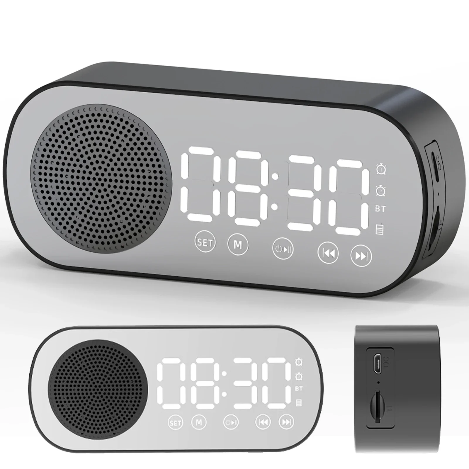 Digital Alarm Clock Bluetooth 5.0 Speaker LED Display Mirror Desk Alarm Clock with FM Radio Support TF Card Play for Home Office