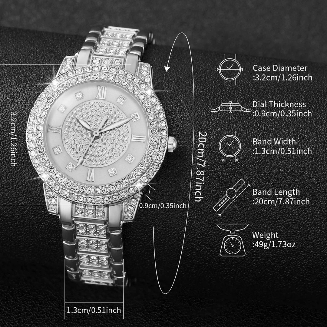 3PCS Women\'s Watches Fashion Full Diamond Stainless Steel Band Quartz Watch（Without Box）