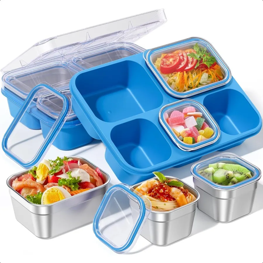 

Snackle Box Containers Stainl Steel 5 Compartments Divided Serving Tray with Lid Removable LeakProof Portable Bento Box for Fru