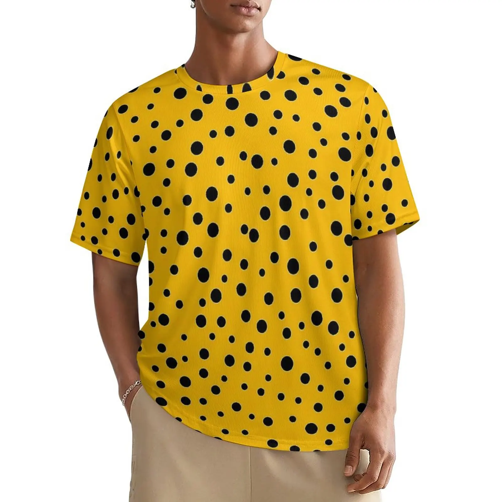 Yellow And Black Polka Dots T Shirt For Man Design O Neck T-Shirts Beach Tops Short Sleeve Streetwear Plus Size Tee Shirt Gift