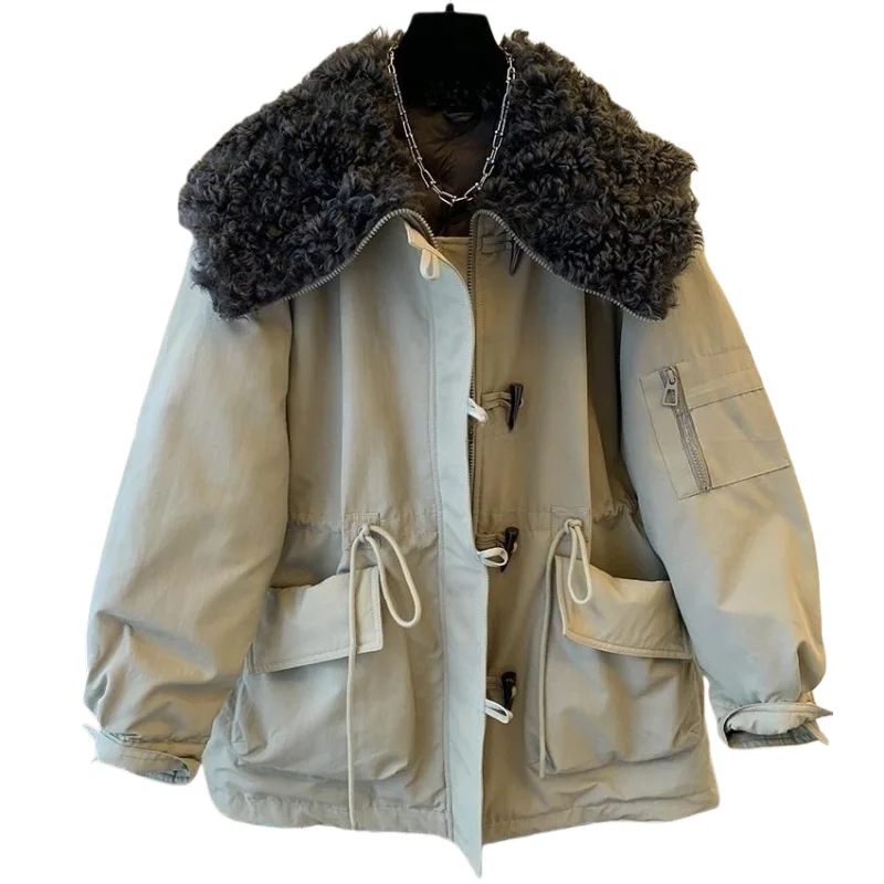 SuperAen Płaszcz z bawełny w stylu koreańskim z guzikami w kształcie rogu, z kołnierzem, gruby, zimowy, nowy model 2026, khaki, oversize, luźna parka