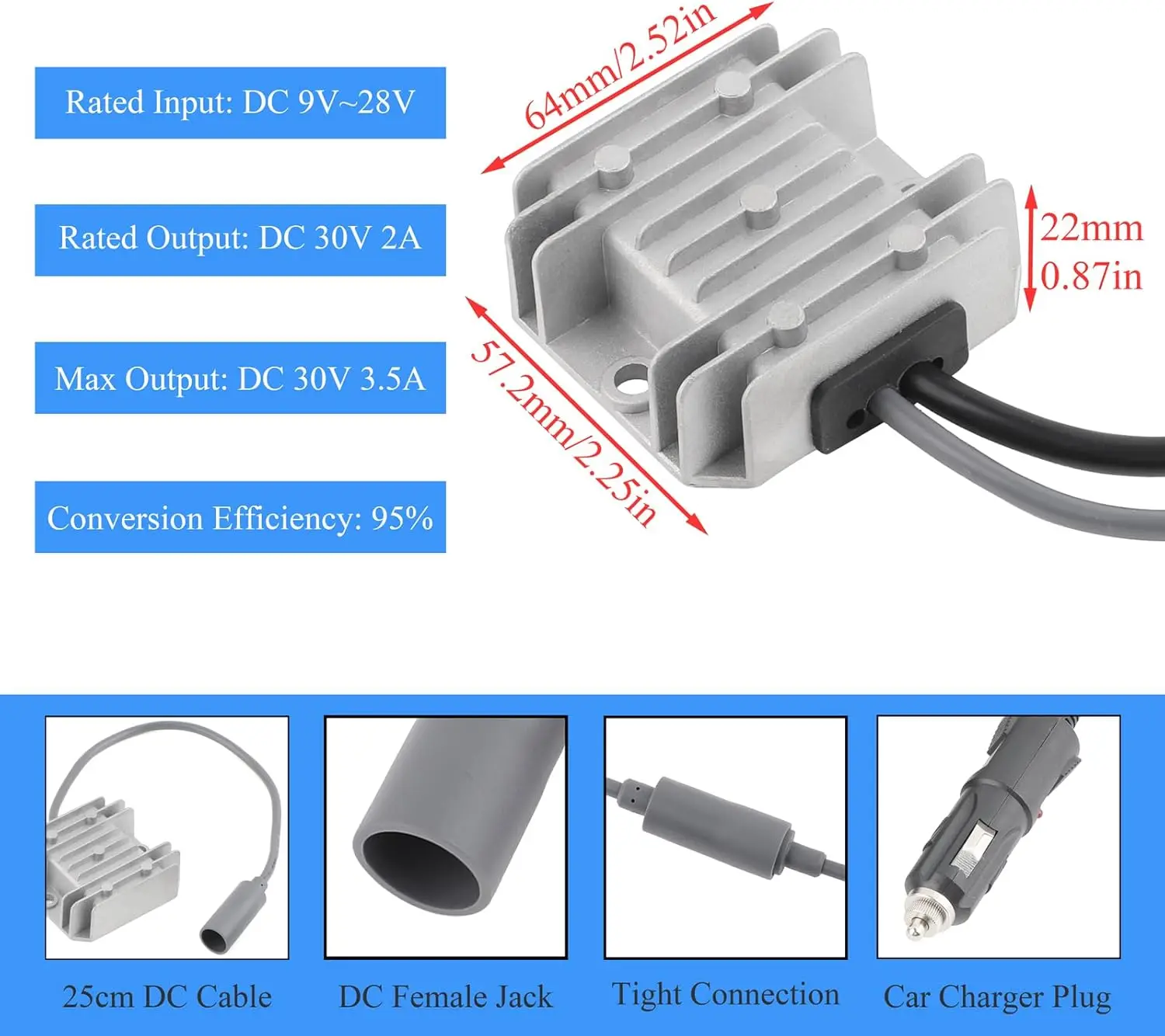for Mini DC Boost Converter, 12/24V to 30V 3.5A Cigarette Lighter to DC 0.82FT Female Plug, Step-Up Converter Waterproof