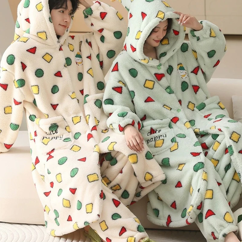 2026 Winter Plush Couple Pajamas Hooded Bathrobe Pant Sleepwear Thick Coral Fleece Cartoon Homewear Men Women Matching Nightwear