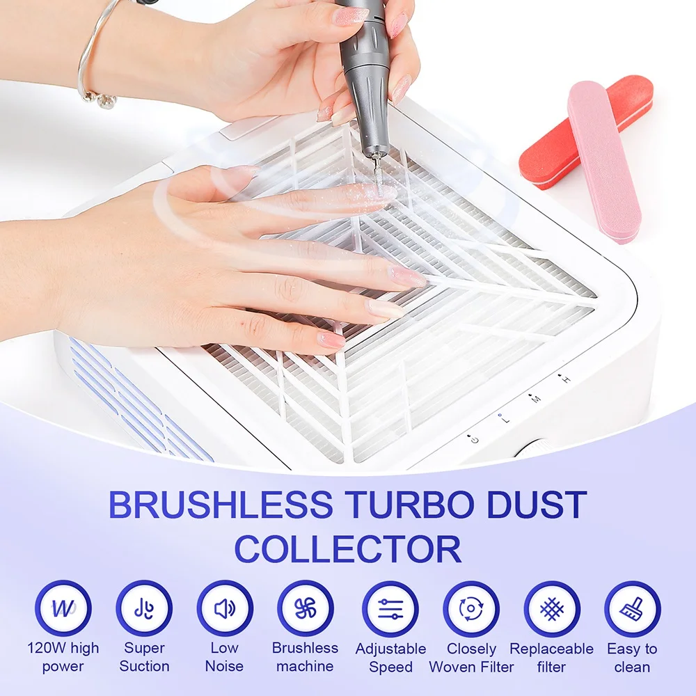 Super Suction 120W Nail Dust Collector Turbine Brushless Nail Dust Extractor Low-noise Manicure Fan Vacuum Cleaner with Filters