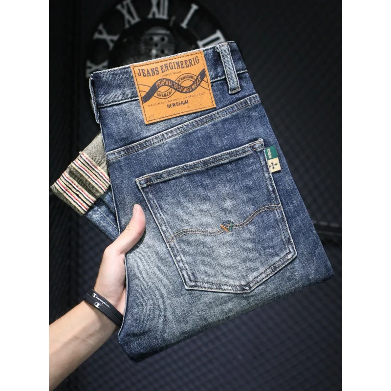 Calça jeans simples amarrada no tornozelo masculino, comprida, fina, reta, casual, combinando com tudo, coreana, tendência high-end, moda clássica