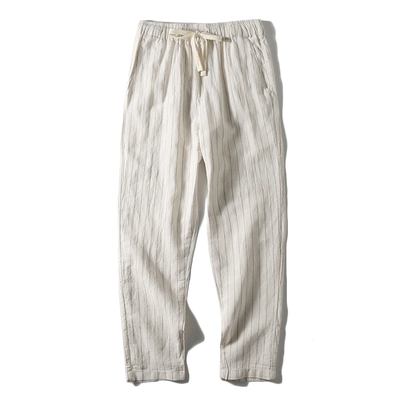 Cotton and Linen Comfortable Men\'s Fashion Trend Summer Pure Straight Stripe Thin Breathable Solid Color Loose Casual Pants