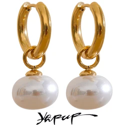 Yhpup-pendientes de aro de acero inoxidable con perlas de imitación, aretes colgantes de estilo coreano dorado, joyería de moda, regalo para mujer