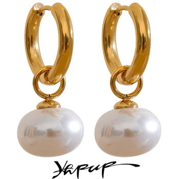 Yhpup High Quality Imitation Pearls Drop Stainless Steel Golden Korean Hoop Earrings…