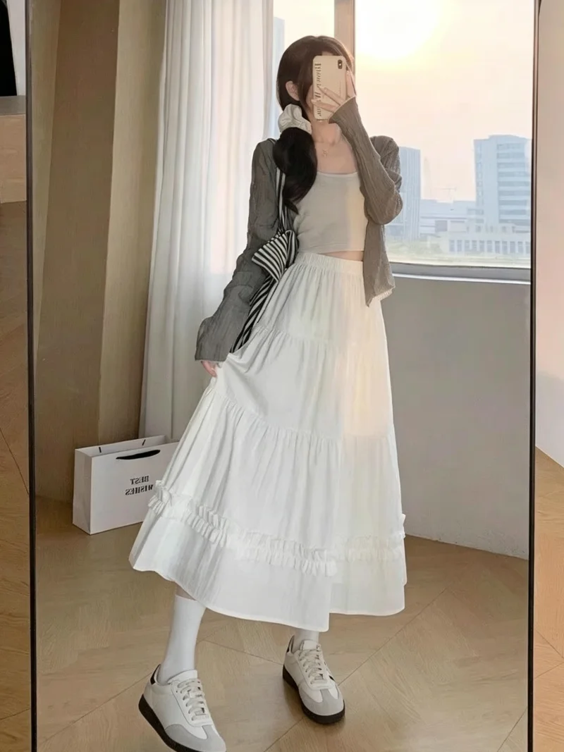 2026 Frühling Sommer Koreanischer Stil Mehrstufiger Rüschen-Fransen-Midirock für Damen mit Elastischer Taille A-Linie Vielseitiges Design Halbrock – Detail 3