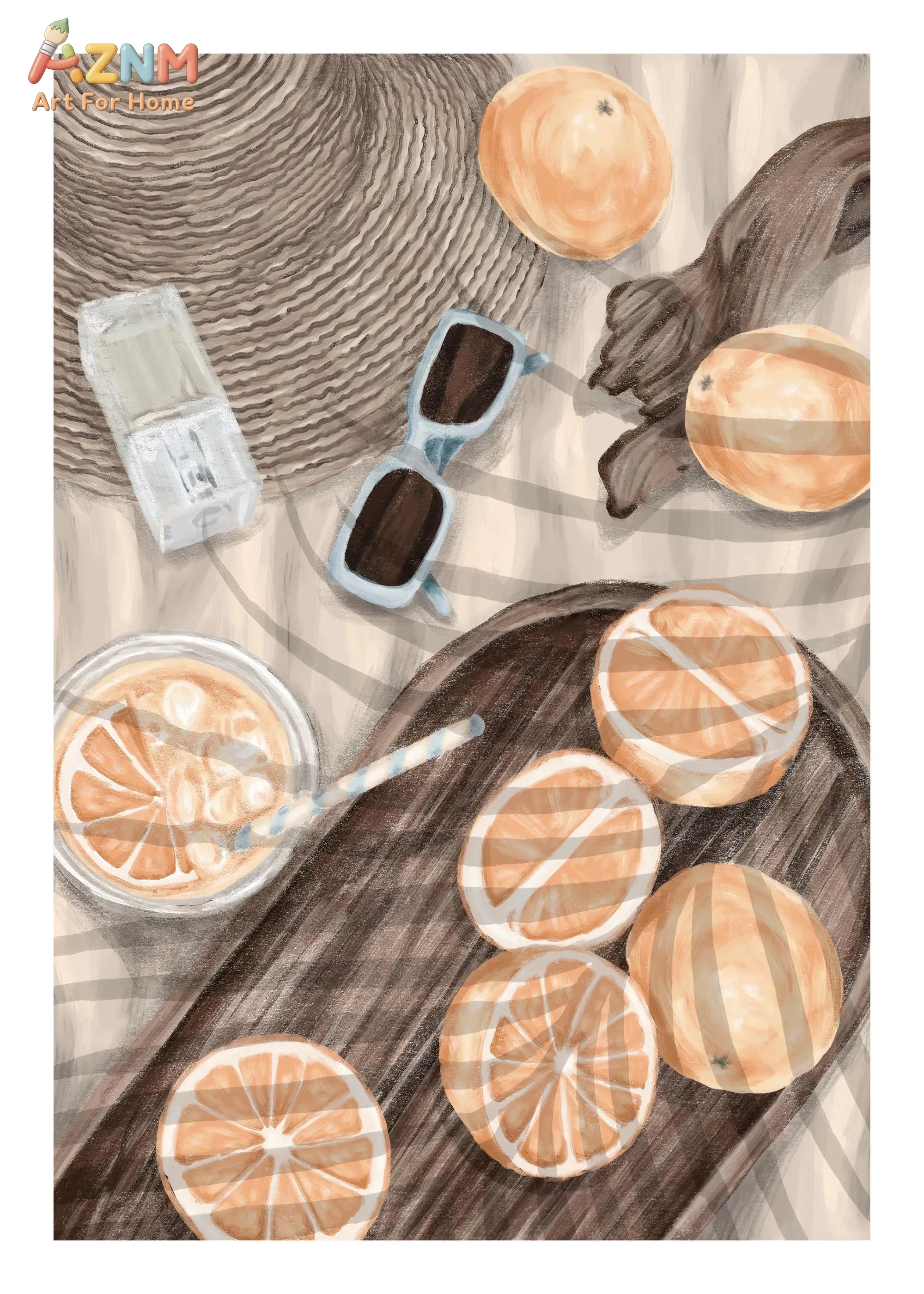 Summer Orange Drink Straw Hat Sunglasses Canvas Print, Beach Still Life Painting, Neutral Kitchen Wall Decor Unframed Canvas