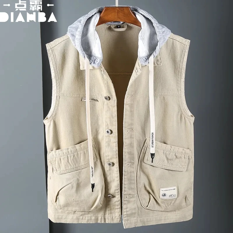 Hooded Denim Jacket Vest Man Vintage Gilets Korea Fashion Waistcoat Male Sleeveless Cargo Coat Cotton Black Khaki Trend Clothing