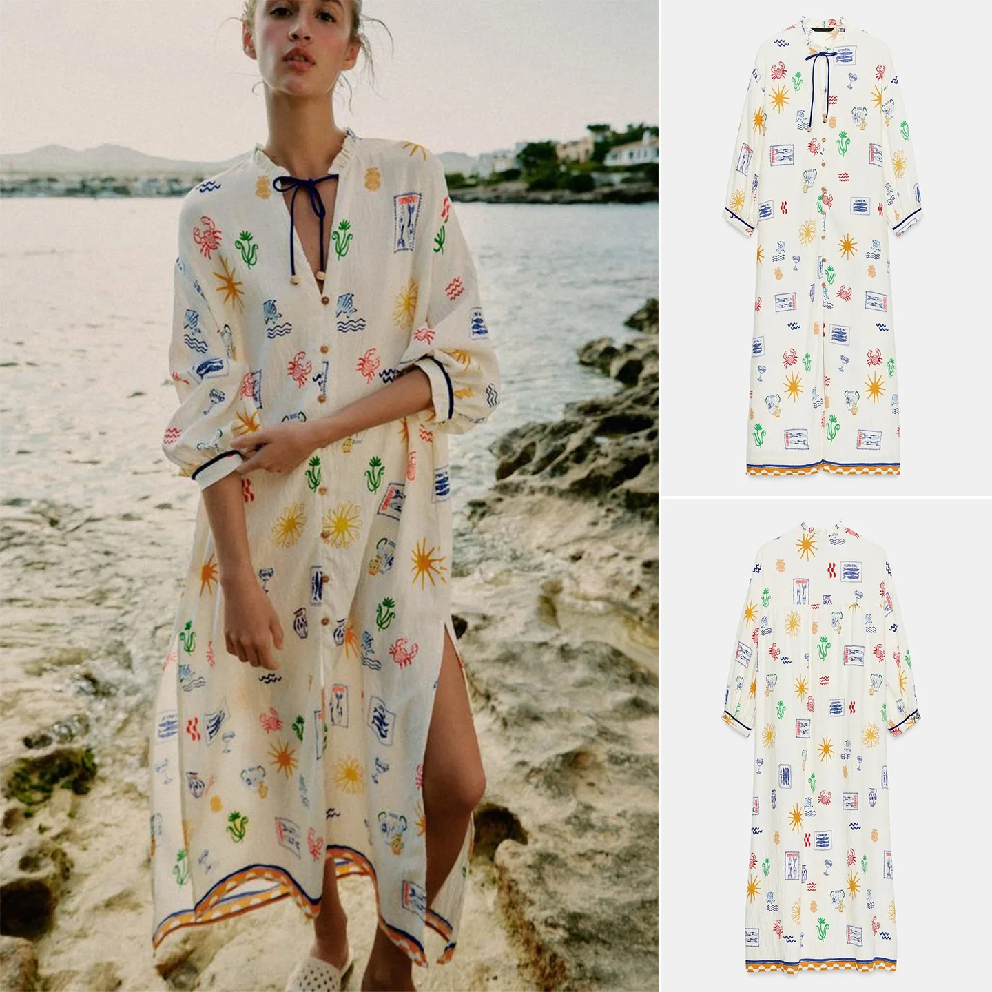 Summer New Women's Long Sleeve Printed Gown Style Dress Side Slit V Neck Vacation Vibes Polyester Fabric Loose Fit One Button