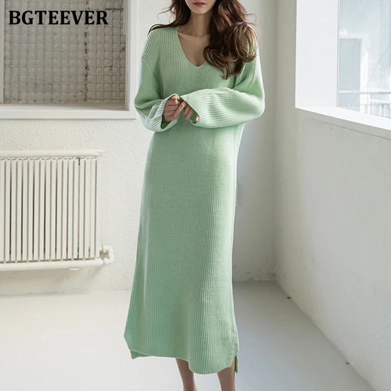 BGTEEVER Autumn Winter V-neck Loose Sweaters Dress Women Elegant Long Sleeve Side Split Oversized Female Knitted Dress vestidos