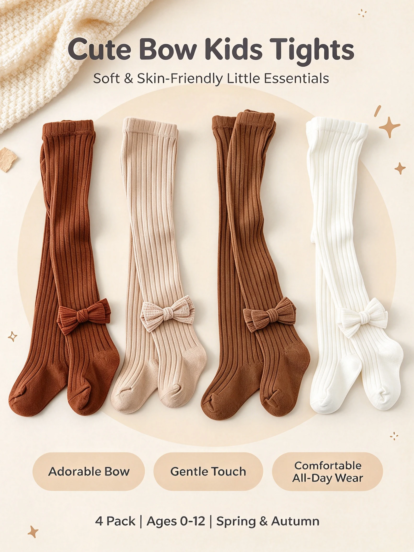 4 Pack Girls Ribbed Bow Tights 0-12 Years, Sweet Vintage Pantyhose, Spring Autumn Elegant Footed Hosiery for Daily Kids Outfits