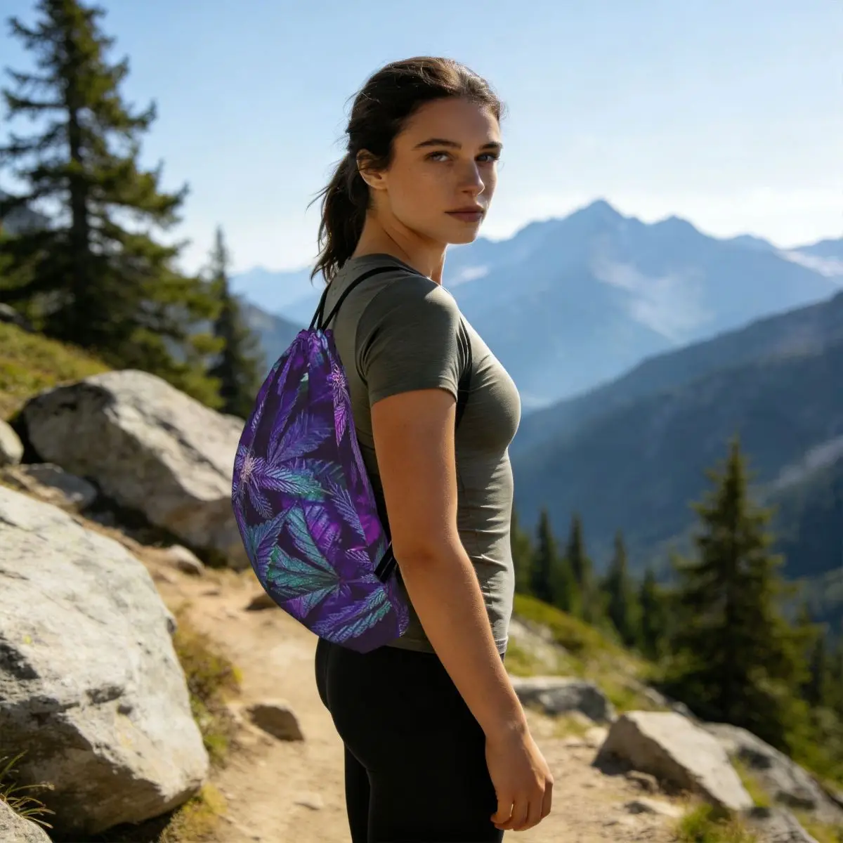 Psychedelic Purple Cannabis Marijuana Weed Pot Leaves Backpacks Casual Drawstring Bundle Pocket Sports Bag Book Bags