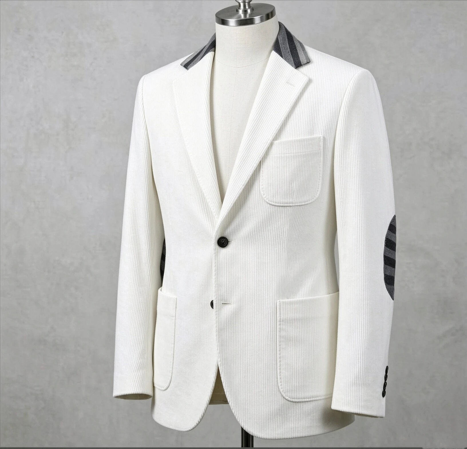 Men White Corduroy Single Jacket Peak Lapel Patch Pocket Slim Fit Casual Business Outerwear Blazer Suit Only Coat Customized