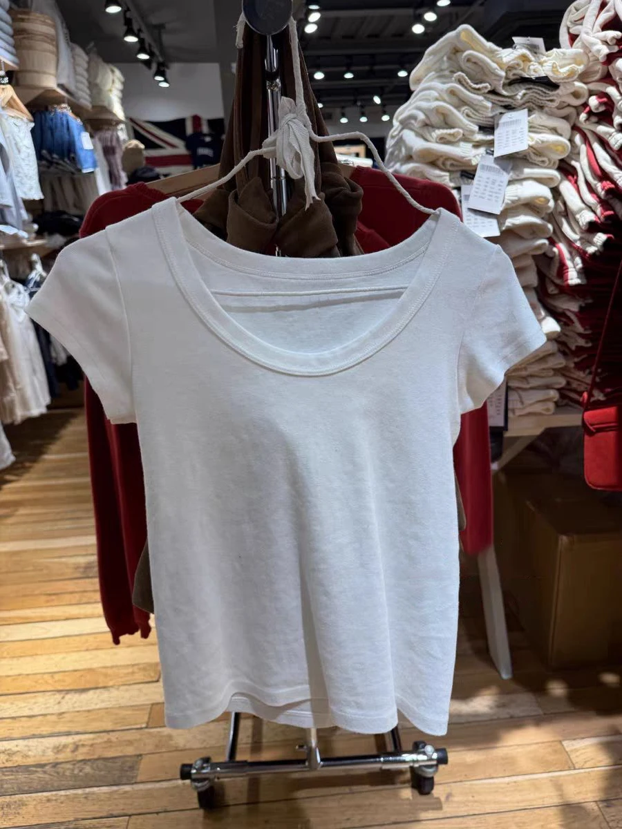 

Solid Cotton Basic T-Shirt Woman Summer O-Neck Short Sleeve All-match Tee Shirt Fashion Simple Y2k Streetwear Tshirt Slim Tops