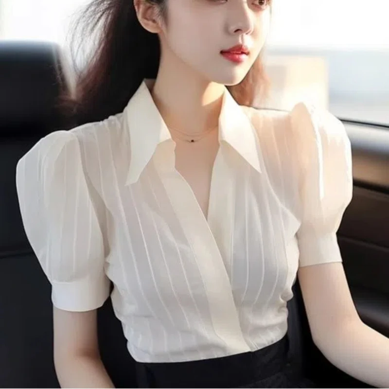 

Элегантная женская блузка-поло белого цвета с коротким рукавом, однотонная, летняя, новая, для офиса, в простом стиле