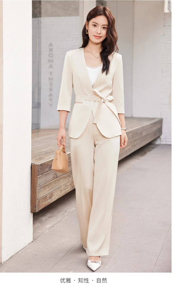 Light Pink Women Suit Pants Set 2 Piece Blazer+Trousers Cotton 3/4 Full Sleeves Jacket Formal Office Work Prom Dress Coat