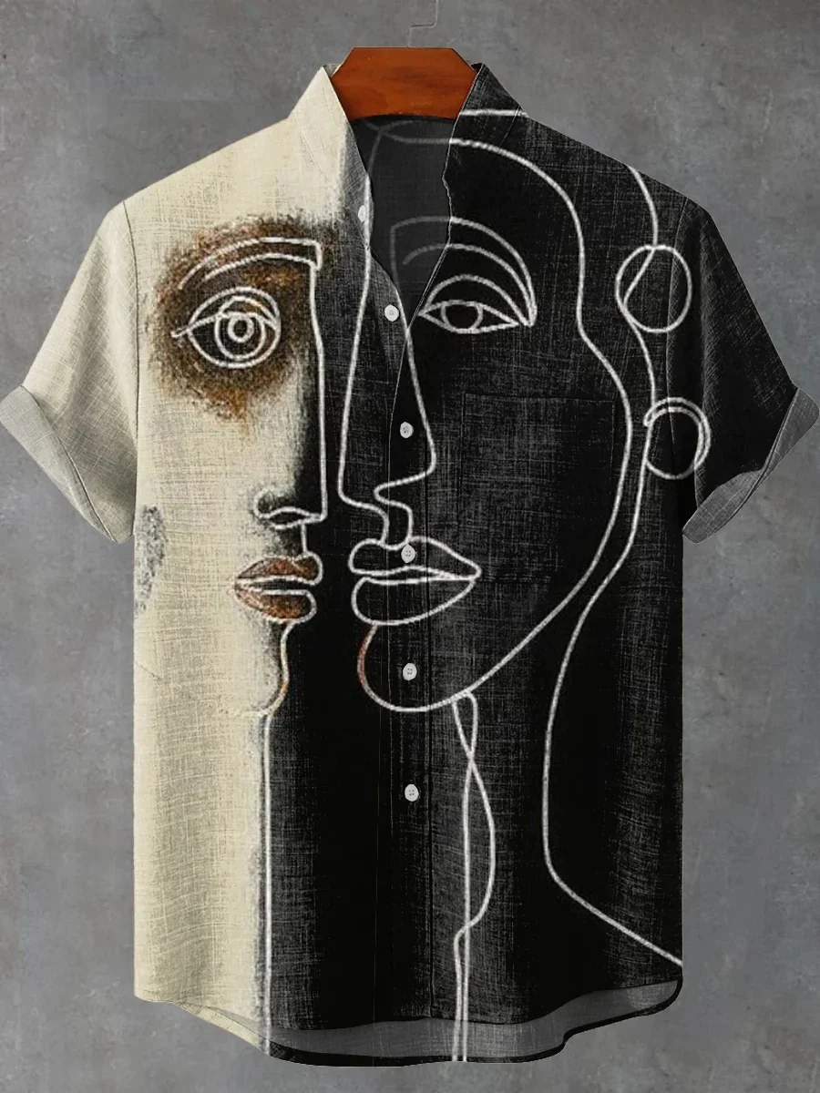 2025 new men's retro literary shirt abstract geometric retro print casual linen short-sleeved shirt beach vacation men's wear
