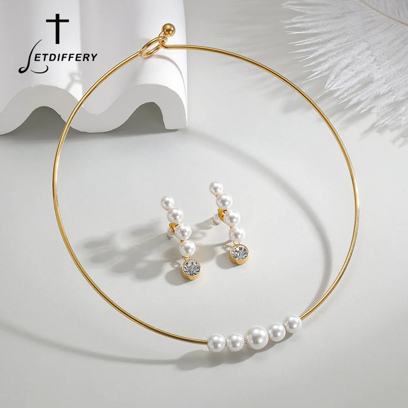 Letdiffery Trendy Elegant Imitation Pearl Earring Necklace for Women Stainless Steel Exquisite Clavicle Zircon Pendant Jewelry
