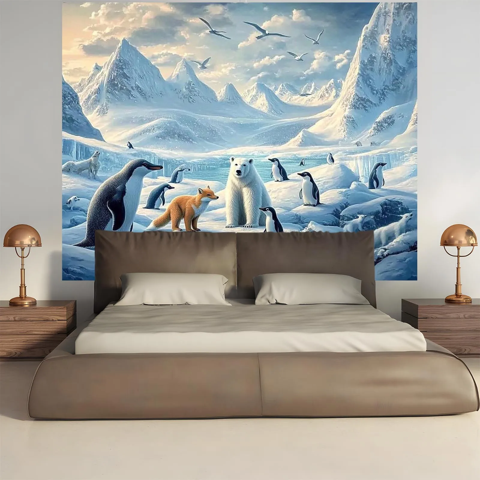 1pc Arctic Polar Bear Penguin Fox Snow Mountain 2D Flat Tapestry Backdrop For Living Room Decor Winter Animal Wall Hanging Art