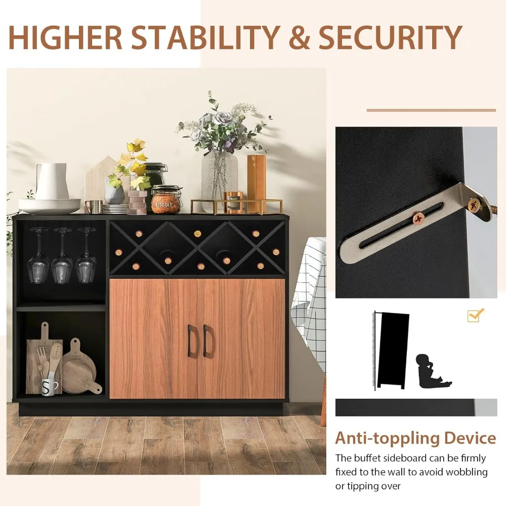 خزانة جانبية للبوفيه، خزانة قاعدة لبار النبيذ مقاس 45 بوصة × 15 بوصة × 32 بوصة، حامل زجاجي، خزانة مطبخ لمشروبات أدوات المطبخ، محطة بار القهوة