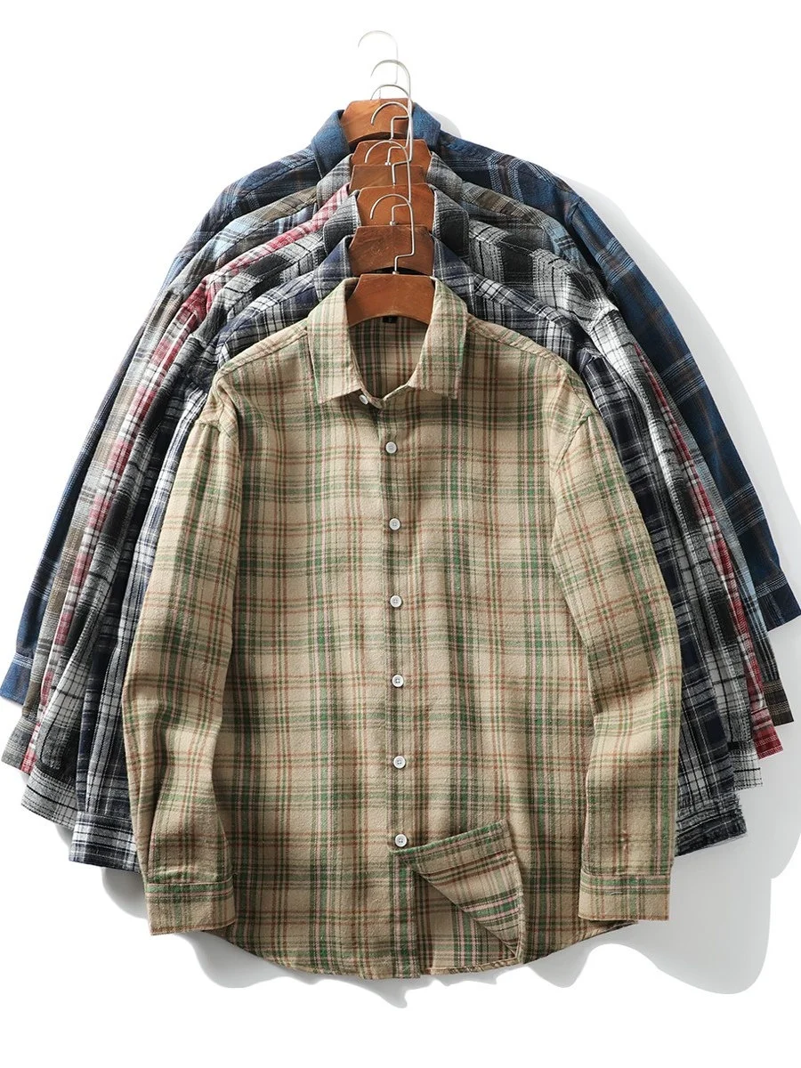 

Soft Comfortable Men's Classic Plaid Casual irt Spring Summer Flip Collar Breathable Stand Fit Long Sve Trendy