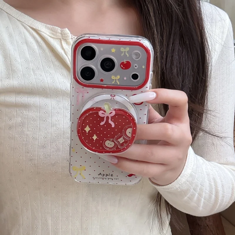 

Fashion Polka Dot Bowknot Magnetic Phone Case For iPhone 17 Pro 16 15 14 Pro Max Cover with Holder Cute Protective Cases For Mag