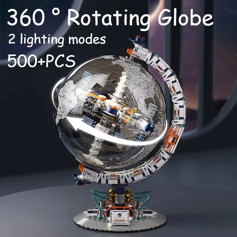 

500+PCS 360° Rotating Space Station Transparent Globe,Creative Tech Lighting Building Blocks For Student Educational Toys Gifts