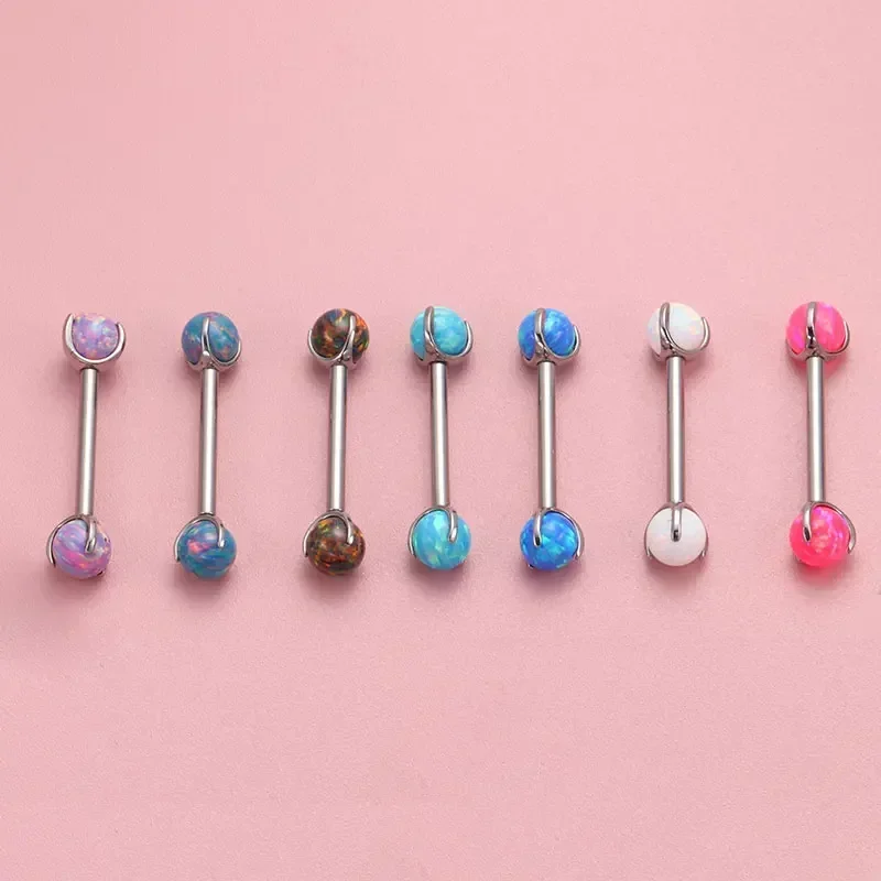 ASTM F136 Titanium Nipple Piercing 14G Internally Threaded Straight Barbell with Opal Tongue Ring Nipple Industrial Piercing