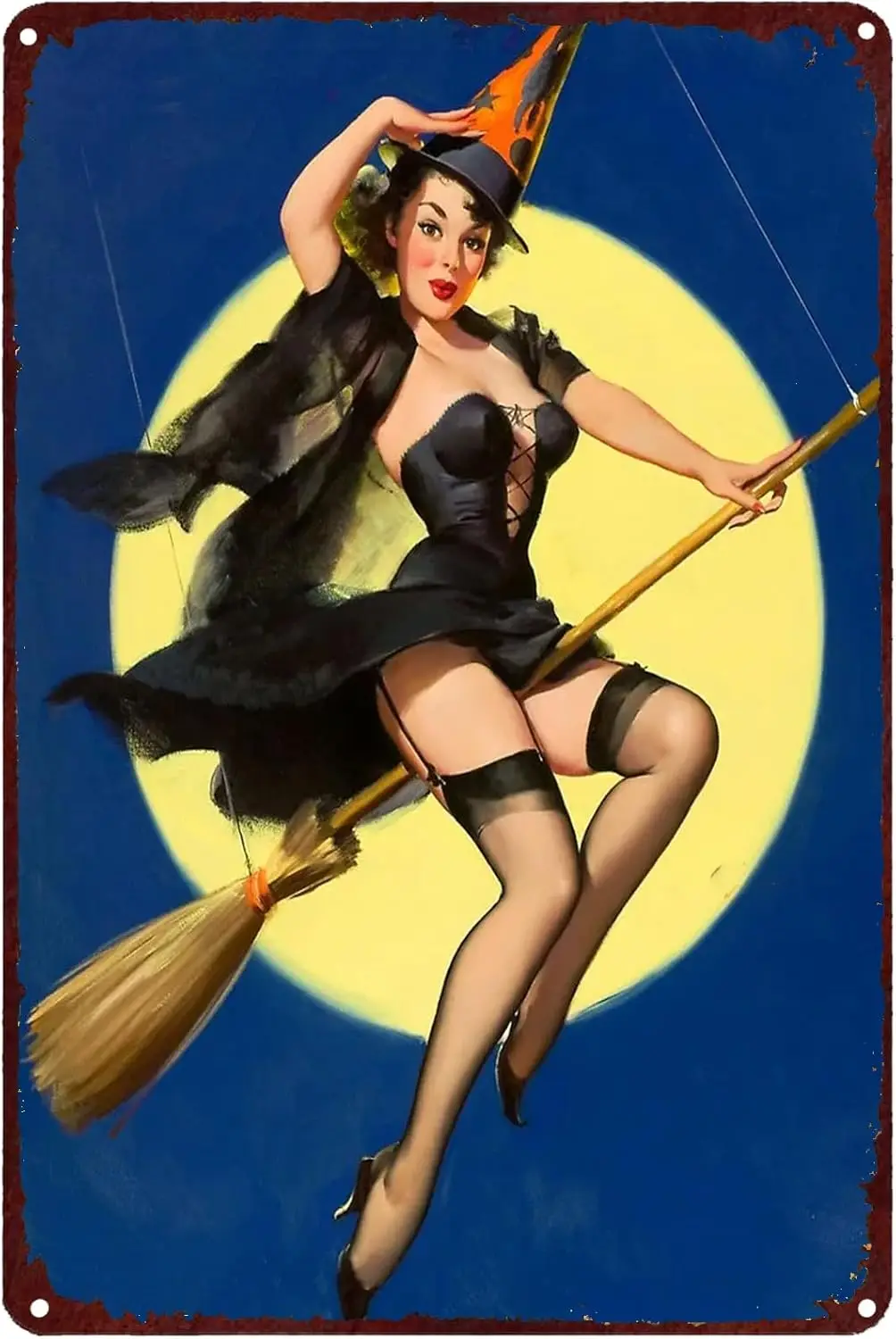 Halloween Pin Up Vintage Metal Sign,Witch Riding High Sexy Lady Retro Wall Decor Plaque for Veterans Club Garage Kitchen Ho sign