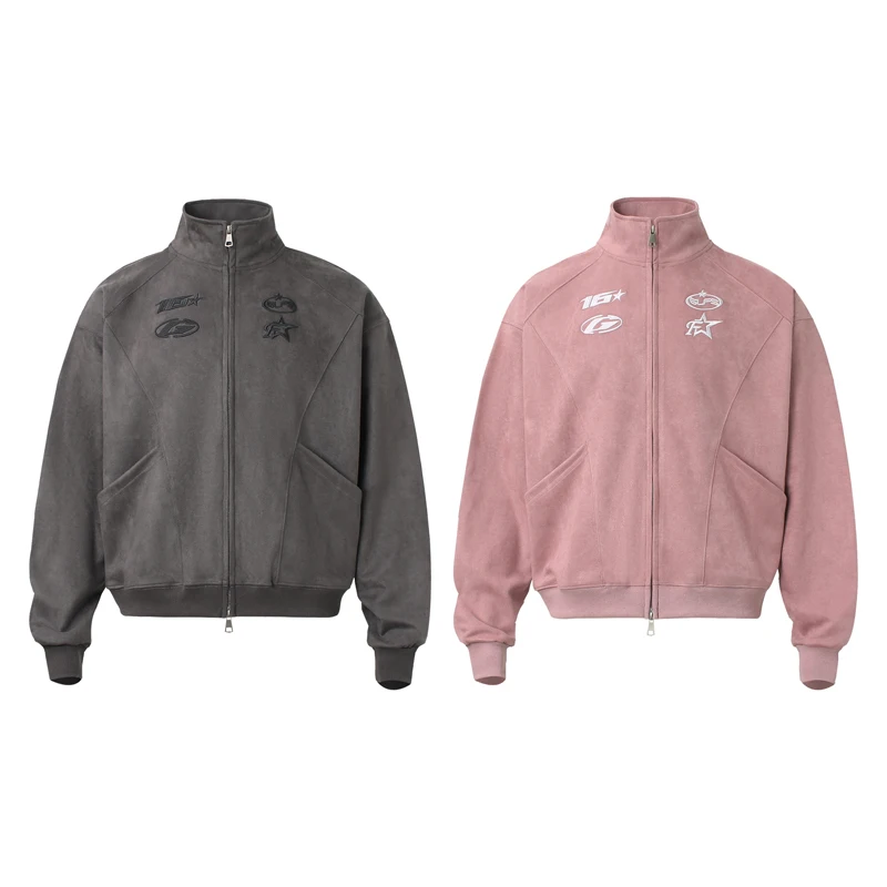 

Embroidery Star Double Zipper Suede Jacket Men Women Patchwork Solid Color Gray Pink Chic Casual Jacket Coat