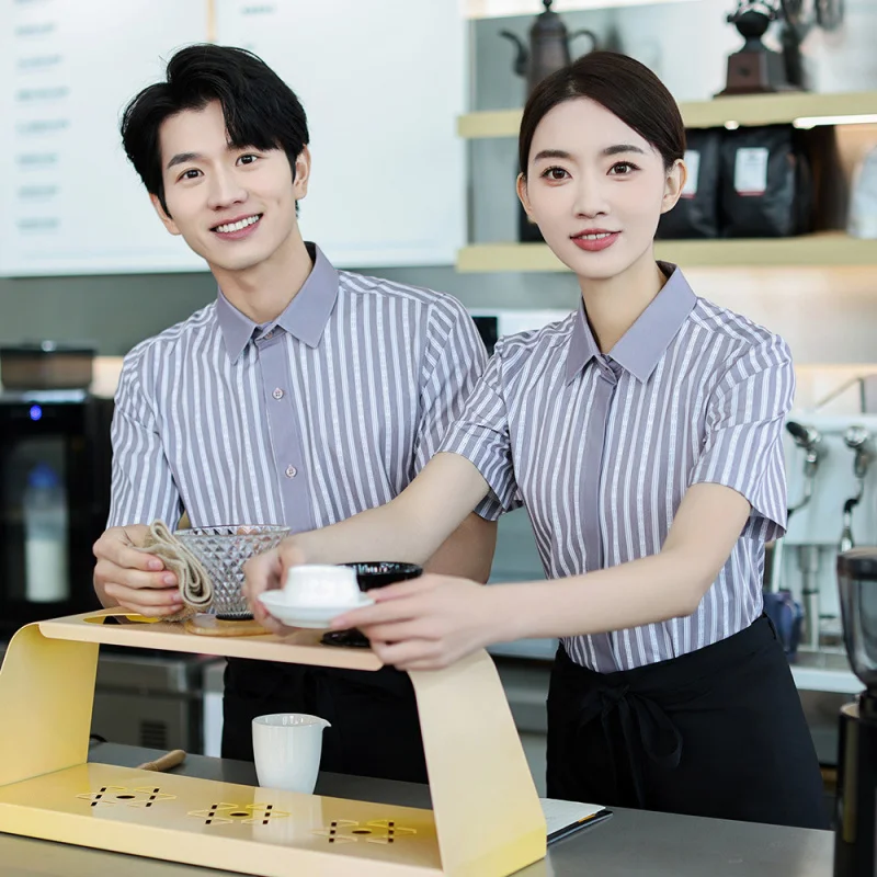 

Летняя рабочая одежда для ресторанов: полосатая рубашка с коротким рукавом для персонала кафе, кофеен и супермаркетов SealLOGO