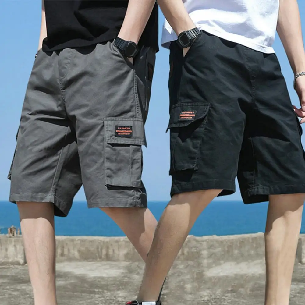 Men Summer Shorts Breathable Men\'s Cargo Shorts with Elastic Waist Multi Pockets for Summer Streetwear Loose Fit Knee Length