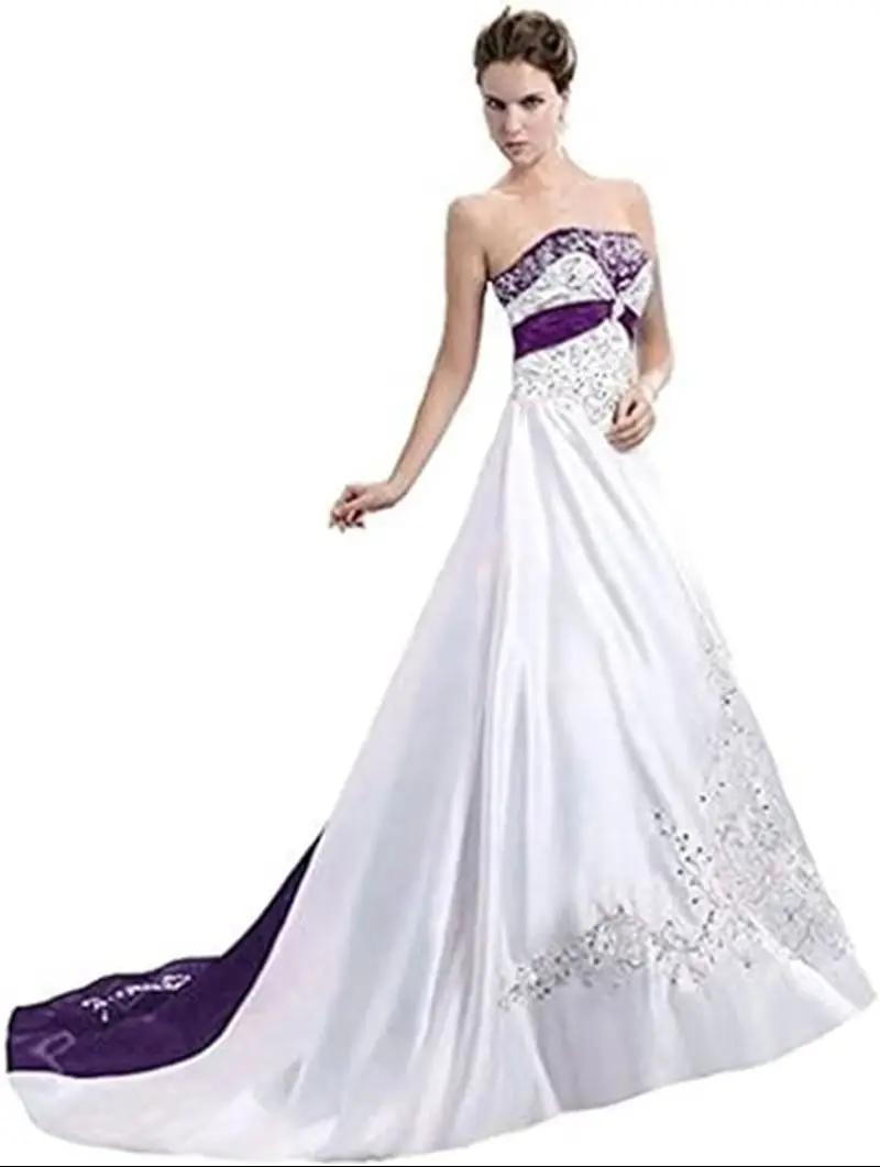 

Strapless Embroidery Wedding Dress White And Purple Satin A Line Sleeveless Bridal Gown Vestido De Novia Customized