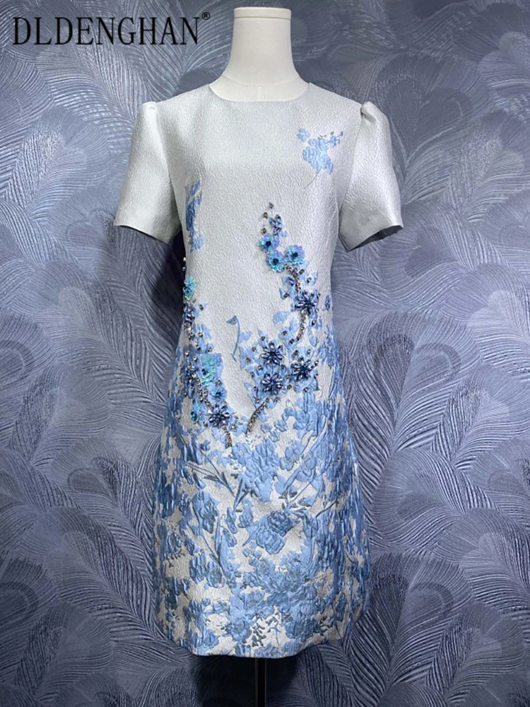 

DLDENGHAN Crystal Diamonds Sequins Jacquard Vintage Mini Dress For Women O-Neck Short Sleeve Dresses Fashion Spring New