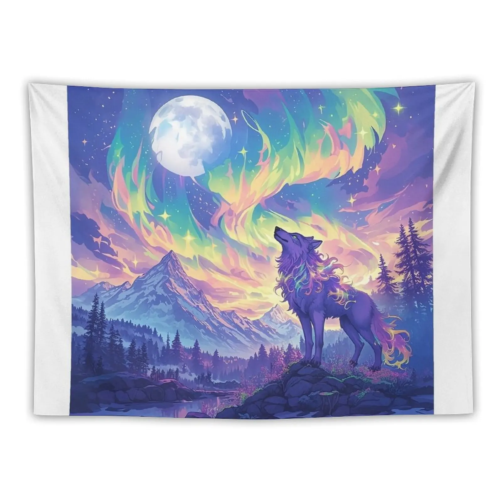 Mystical Wolf Howling in Mountain Area Tapestry Room Decor Aesthetic Wall Hangings Decoration Tapestry