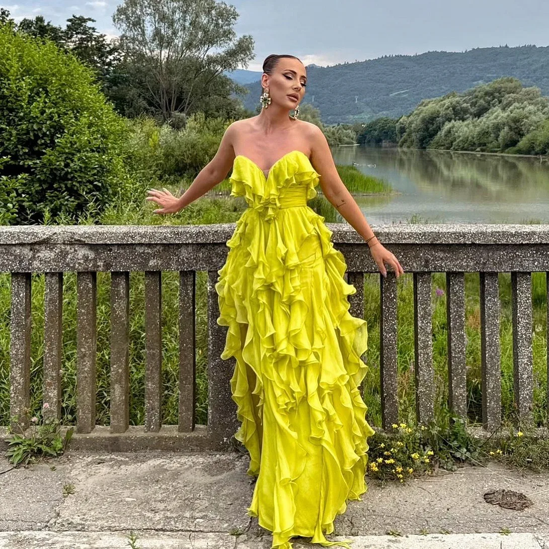 Sexy Formal Party Dress Bright Yellow Women Dress With Ruffles Trimmed Details Lace Up Back Pleat Split Long Cocktail Dresses